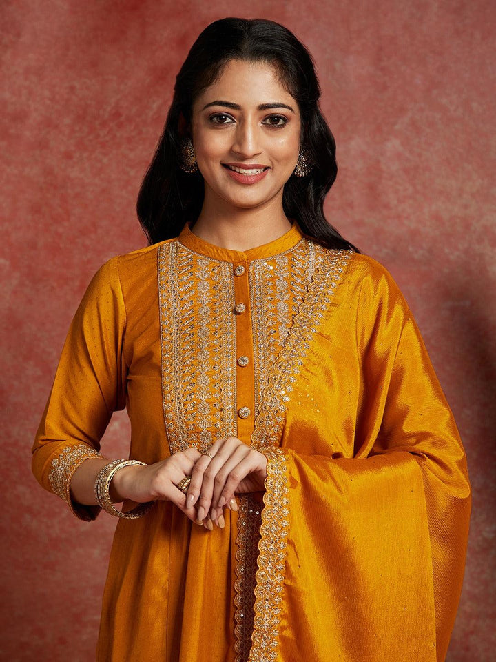 Mustard Yoke Design Silk Blend A-Line Kurta With Trousers & Dupatta