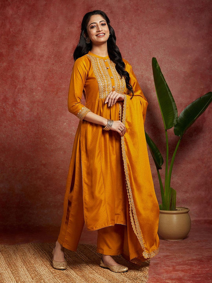 Mustard Yoke Design Silk Blend A-Line Kurta With Trousers & Dupatta