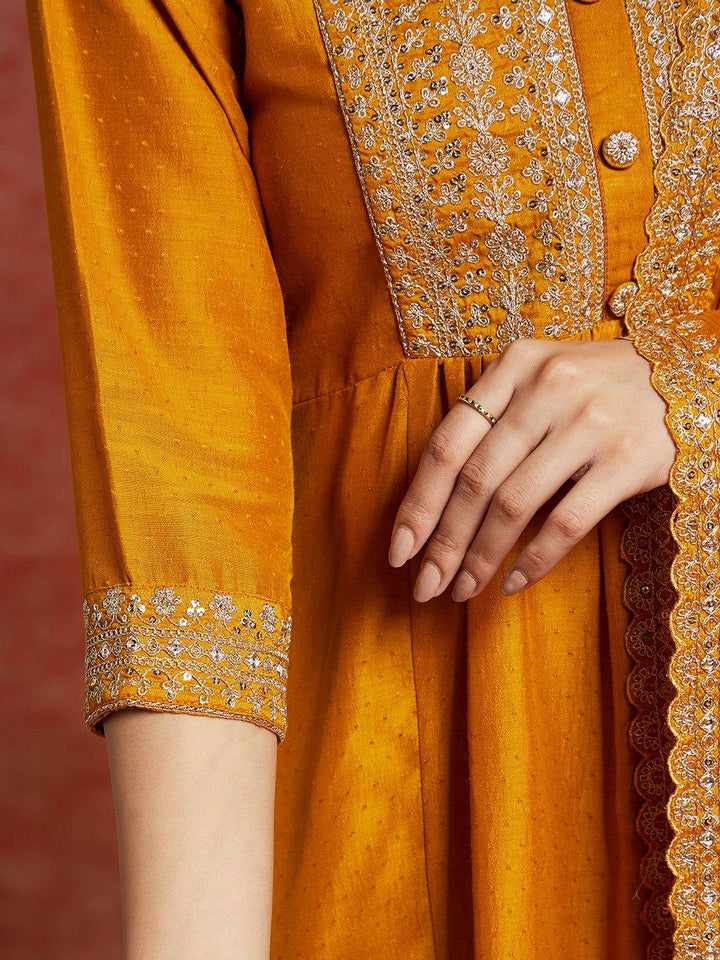 Mustard Yoke Design Silk Blend A-Line Kurta With Trousers & Dupatta