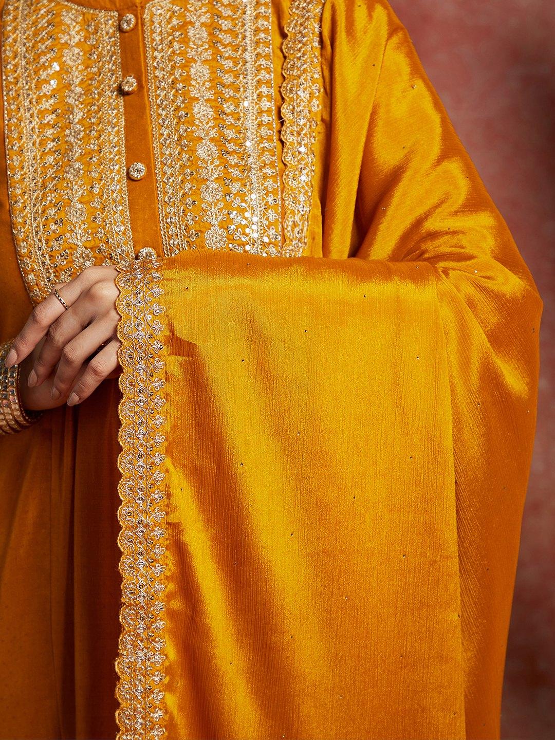 Mustard Yoke Design Silk Blend A-Line Kurta With Trousers & Dupatta - ShopLibas