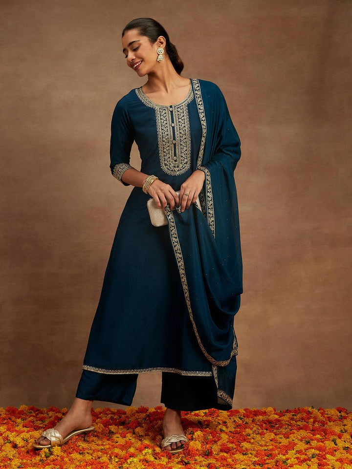 Teal Yoke Design Silk Blend A-Line Kurta With Trousers & Dupatta