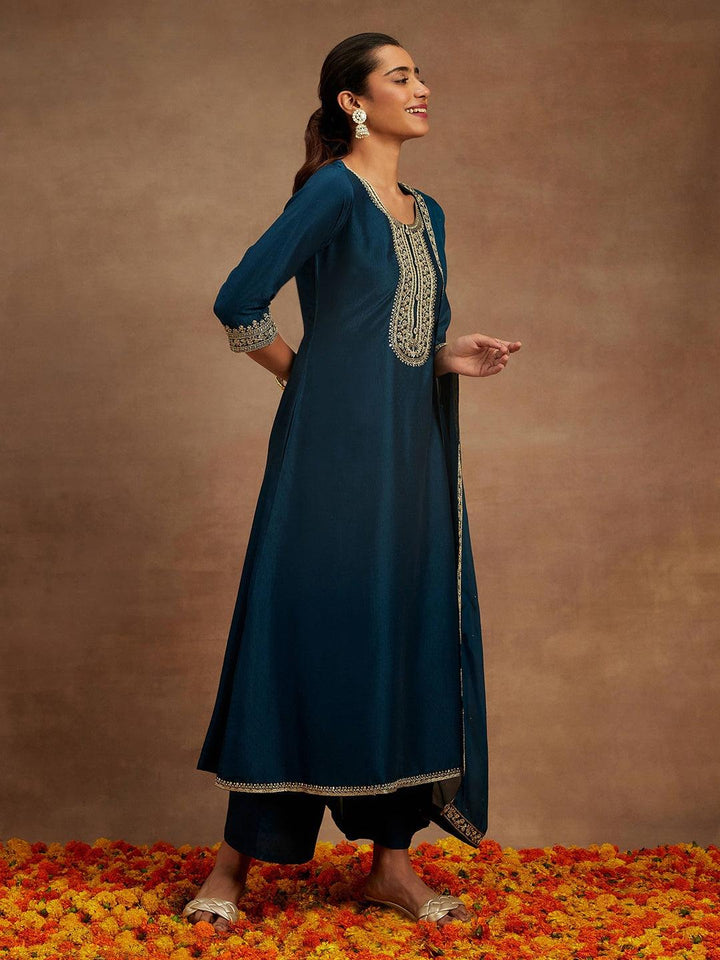 Teal Yoke Design Silk Blend A-Line Kurta With Trousers & Dupatta