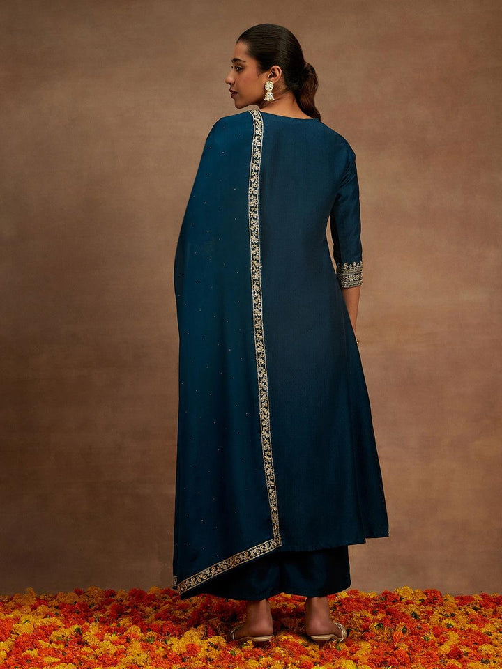 Teal Yoke Design Silk Blend A-Line Kurta With Trousers & Dupatta
