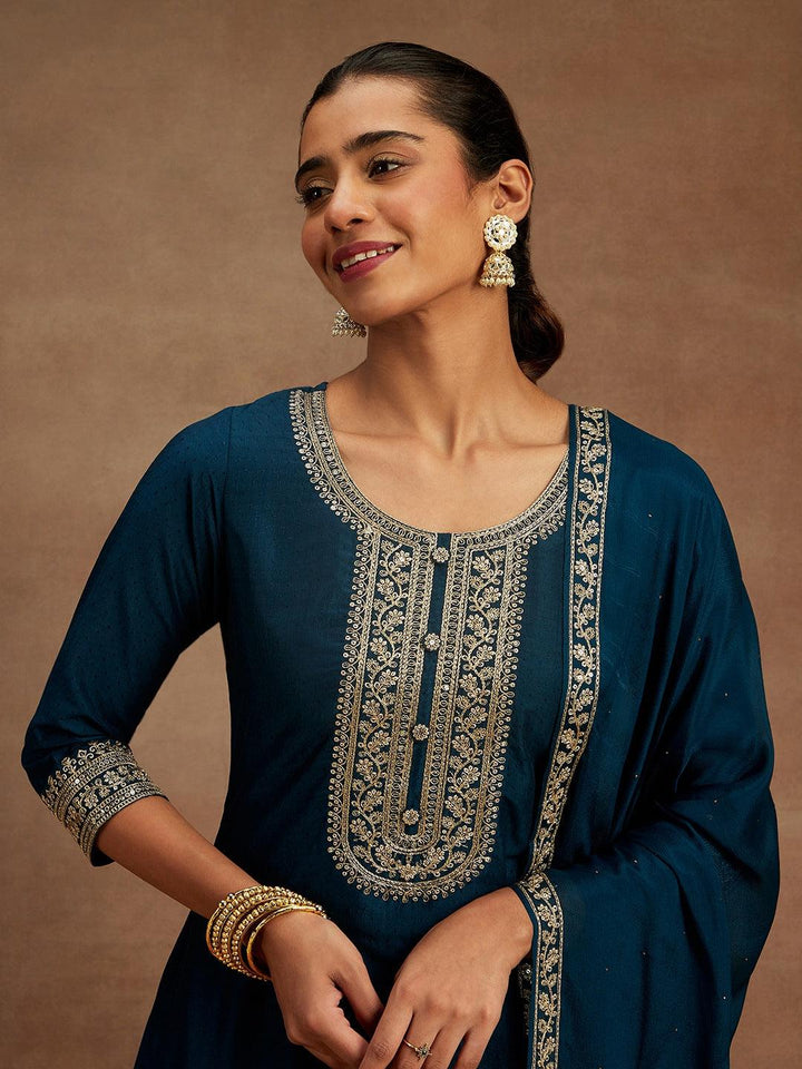 Teal Yoke Design Silk Blend A-Line Kurta With Trousers & Dupatta