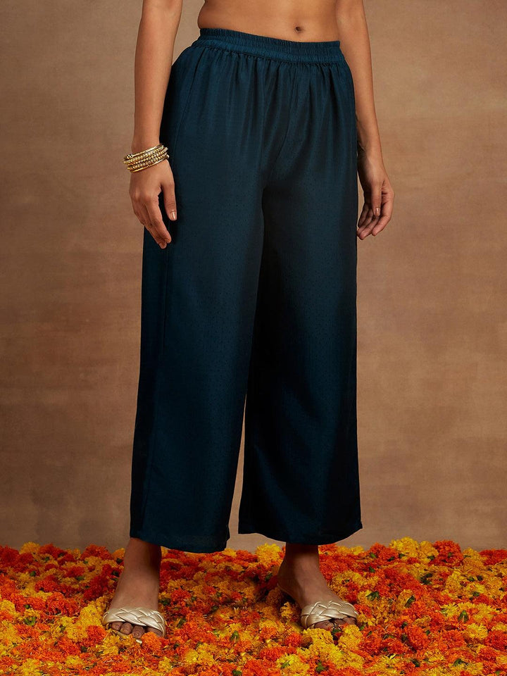 Teal Yoke Design Silk Blend A-Line Kurta With Trousers & Dupatta