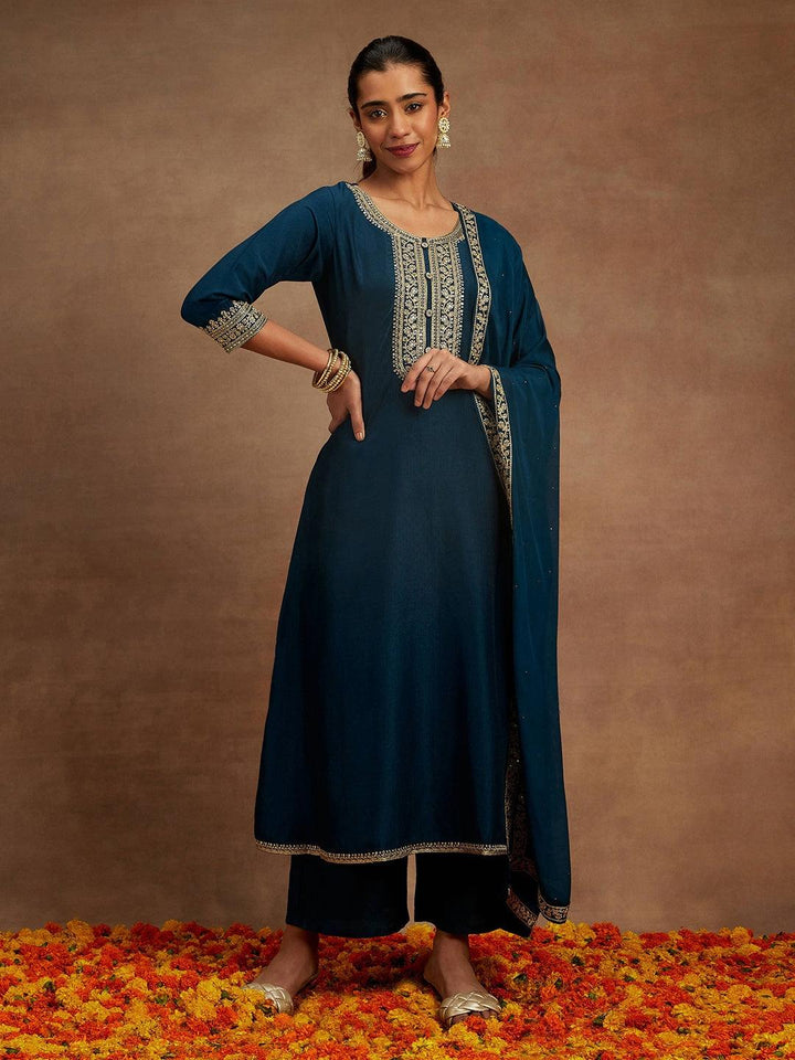Teal Yoke Design Silk Blend A-Line Kurta With Trousers & Dupatta