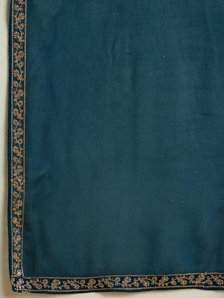 Teal Yoke Design Silk Blend A-Line Kurta With Trousers & Dupatta