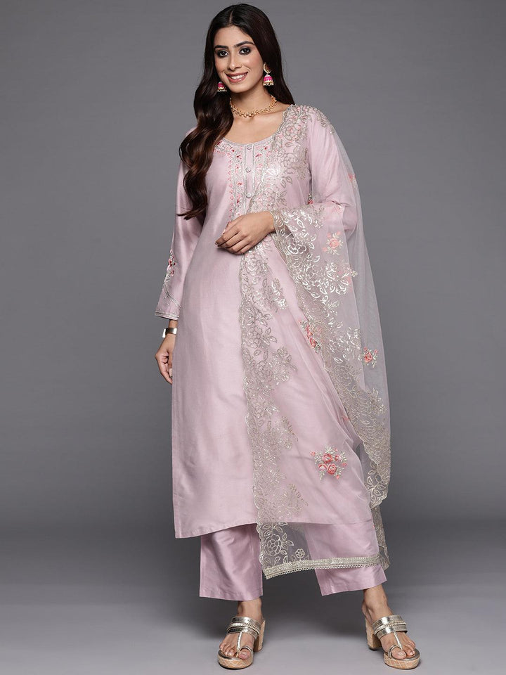 Mauve Yoke Design Silk Blend Straight Suit With Dupatta