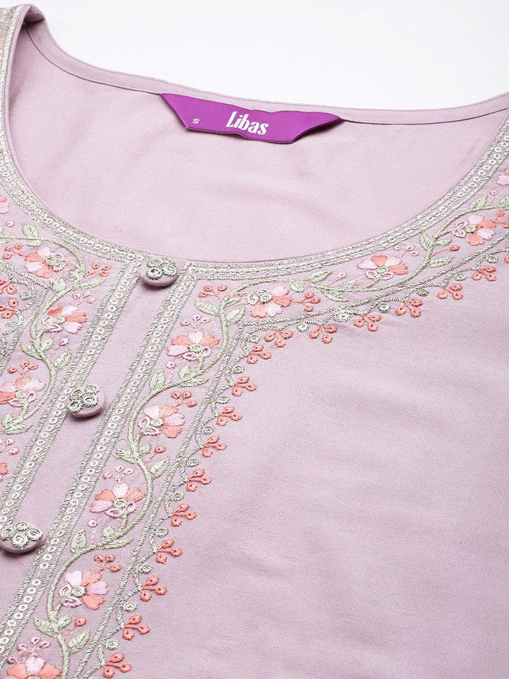 Mauve Yoke Design Silk Blend Straight Suit With Dupatta