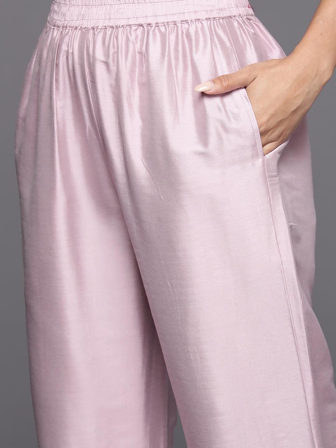 Mauve Yoke Design Silk Blend Straight Kurta With Trousers & Dupatta - ShopLibas