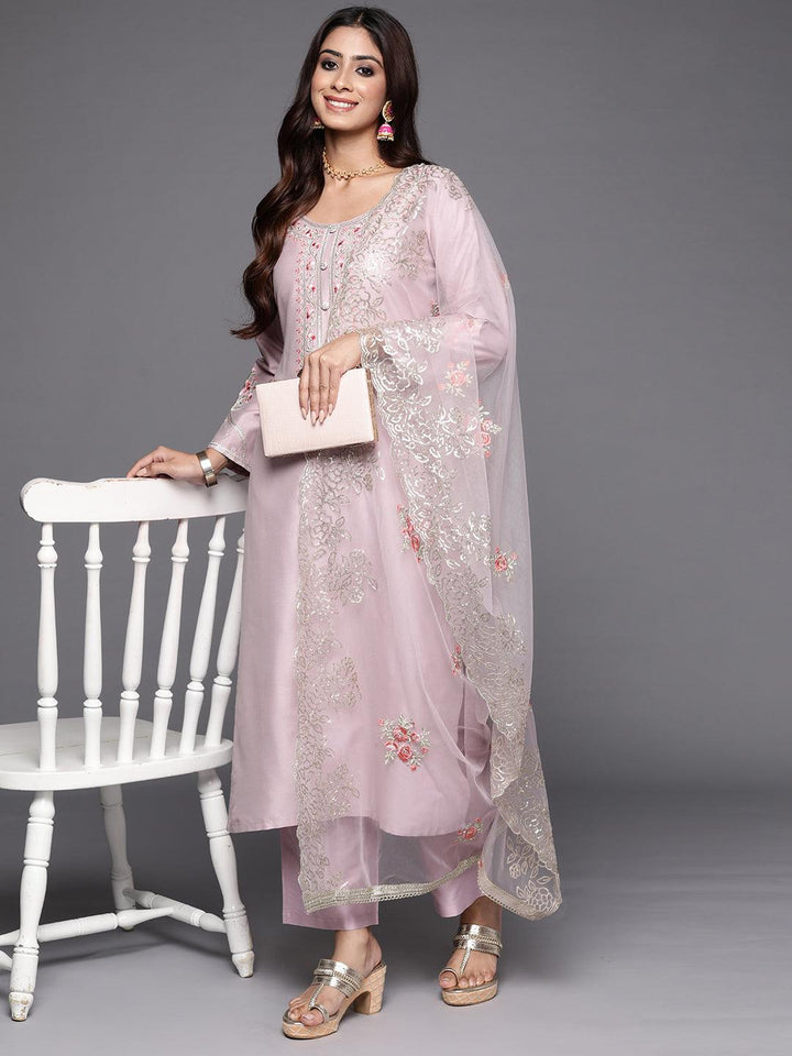 Mauve Yoke Design Silk Blend Straight Suit With Dupatta