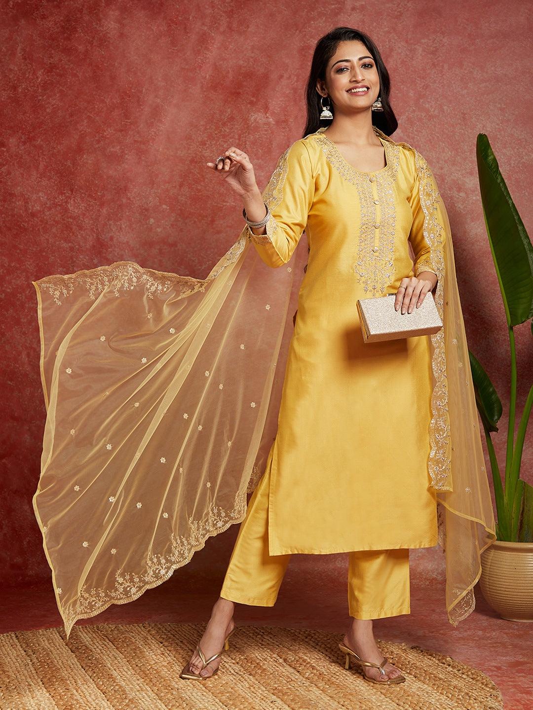 Yellow Yoke Design Silk Blend Straight Kurta With Trousers & Dupatta - ShopLibas