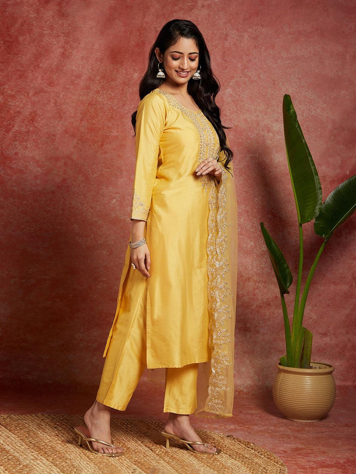 Yellow Yoke Design Silk Blend Straight Suit With Dupatta