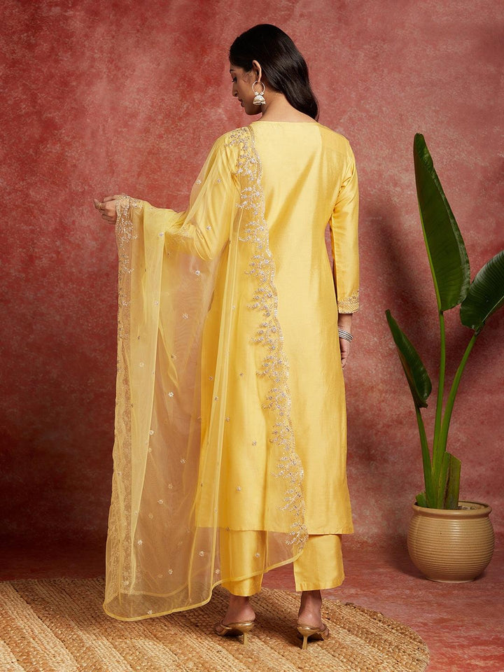 Yellow Yoke Design Silk Blend Straight Suit With Dupatta