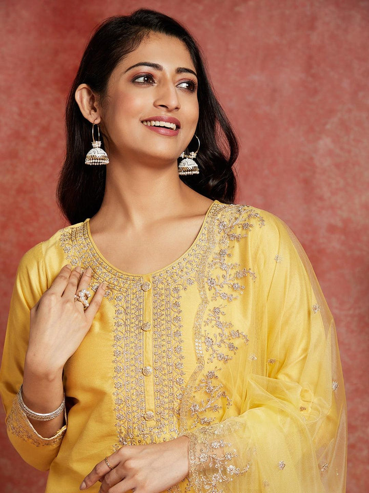 Yellow Yoke Design Silk Blend Straight Suit With Dupatta