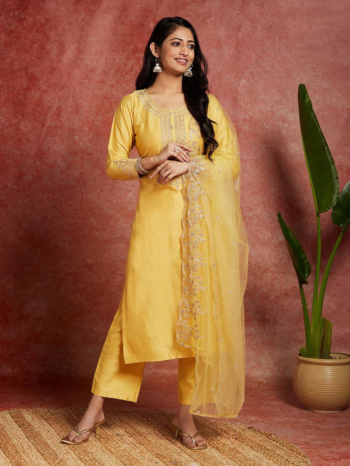 Yellow Yoke Design Silk Blend Straight Suit With Dupatta