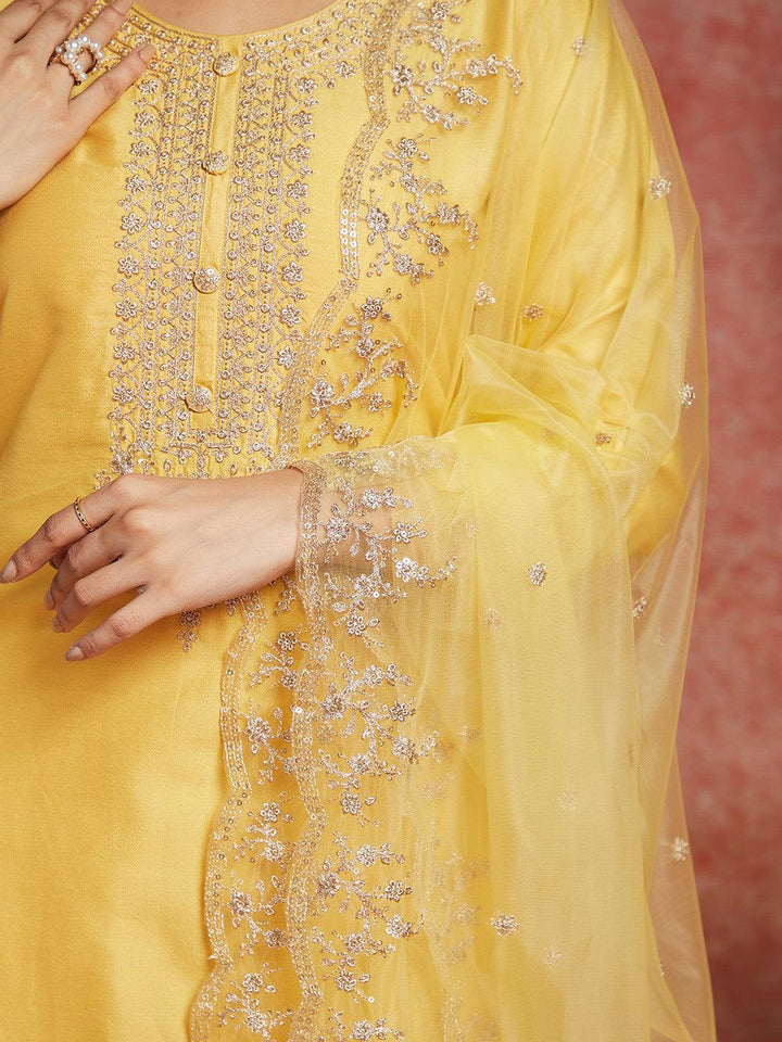 Yellow Yoke Design Silk Blend Straight Suit With Dupatta
