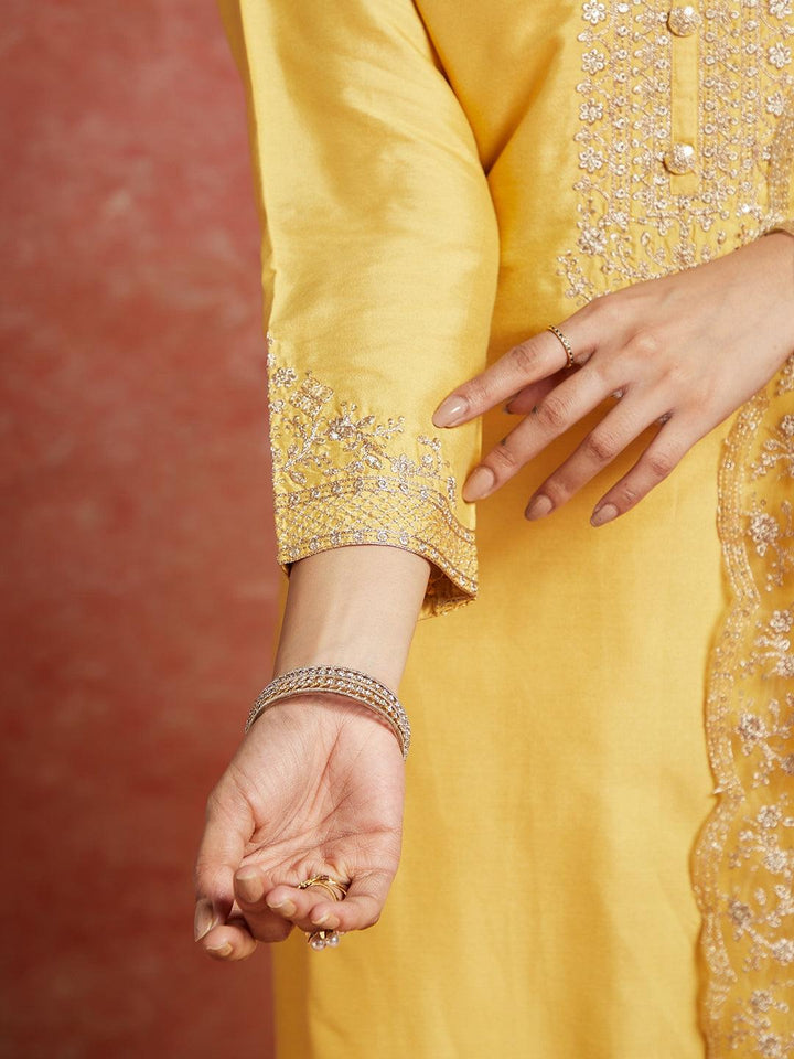 Yellow Yoke Design Silk Blend Straight Suit With Dupatta