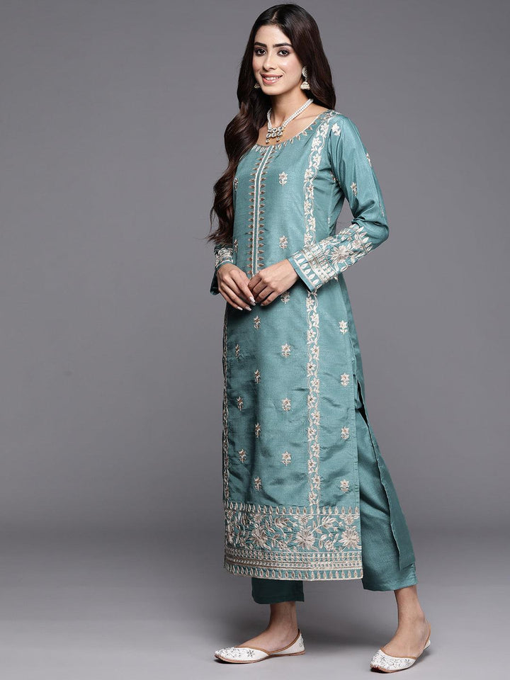 Blue Embroidered Silk Blend Straight Suit With Dupatta