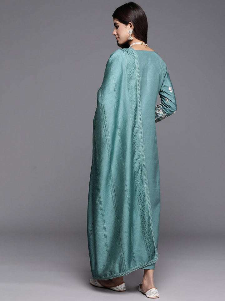 Blue Embroidered Silk Blend Straight Suit With Dupatta