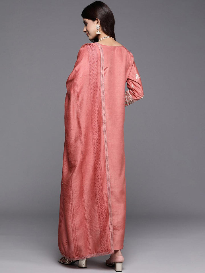 Coral Embroidered Silk Blend Straight Suit With Dupatta