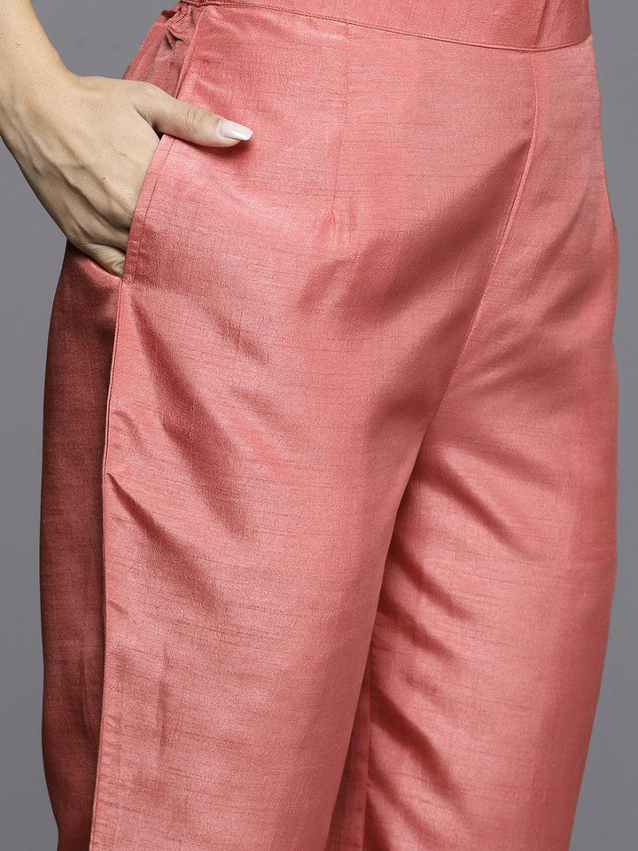 Coral Embroidered Silk Blend Straight Suit With Dupatta