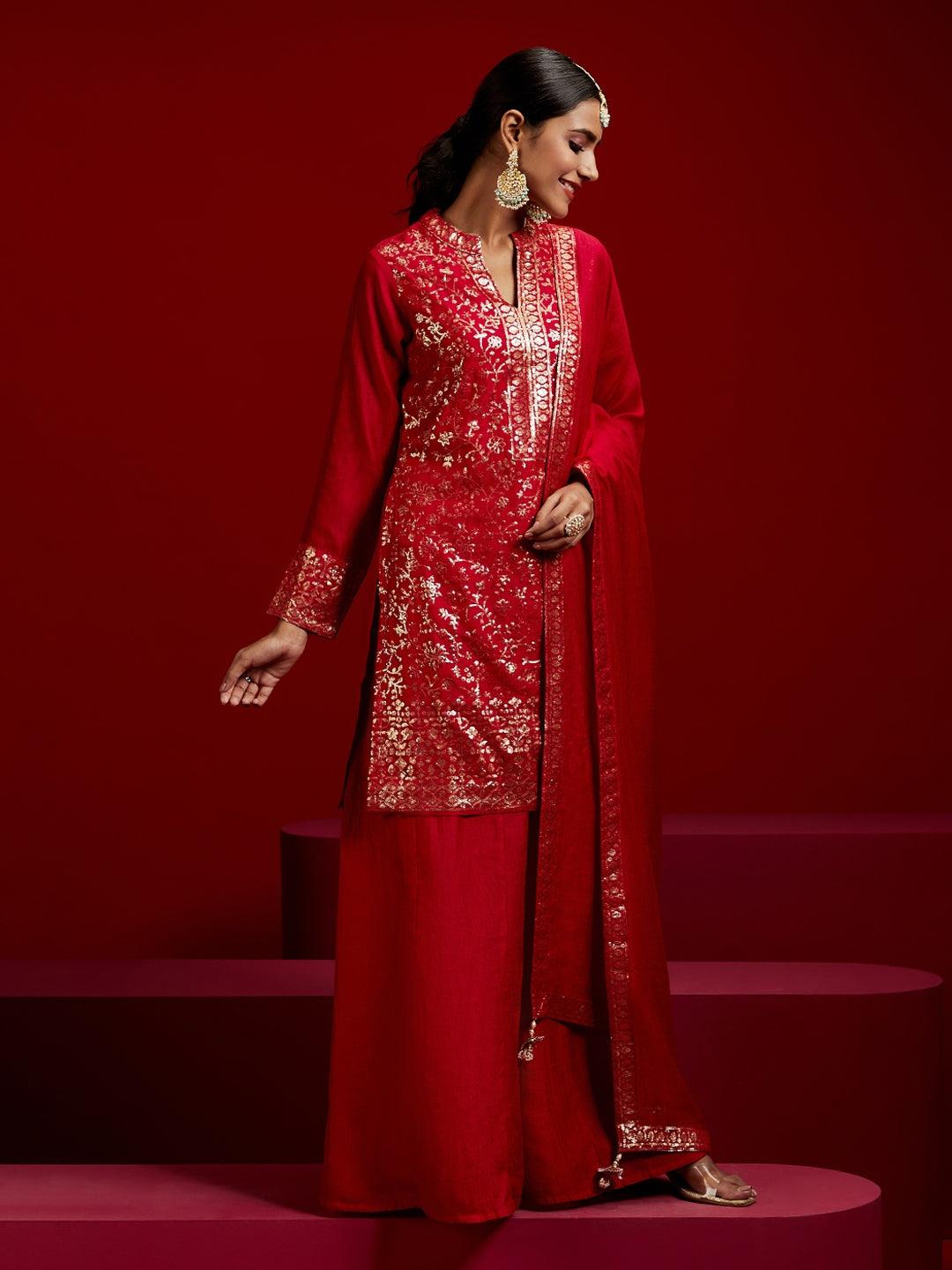 Libas Art Red Self Design Silk Blend Straight Kurta With Palazzos & Dupatta - ShopLibas