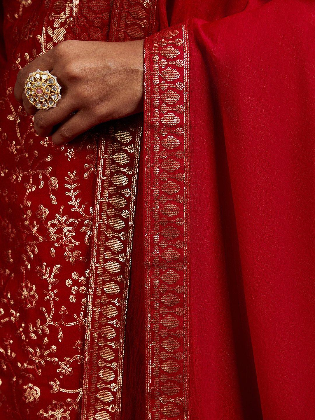 Libas Art Red Self Design Silk Blend Straight Kurta With Palazzos & Dupatta - ShopLibas