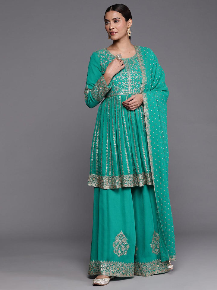 Libas Art Green Embroidered Georgette Anarkali Suit With Dupatta