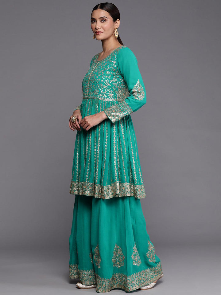 Libas Art Green Embroidered Georgette Anarkali Suit With Dupatta