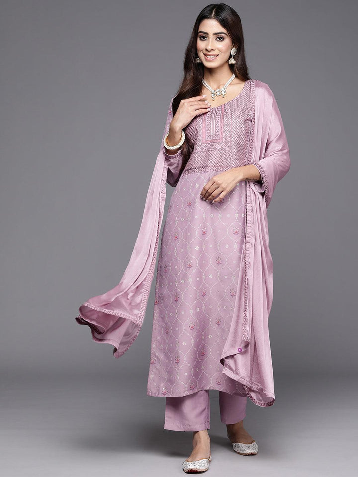 Mauve Printed Silk Blend Straight Suit With Dupatta
