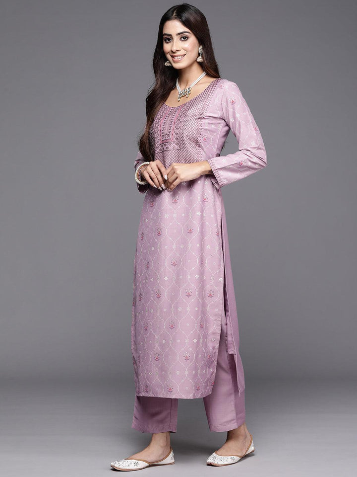 Mauve Printed Silk Blend Straight Suit With Dupatta