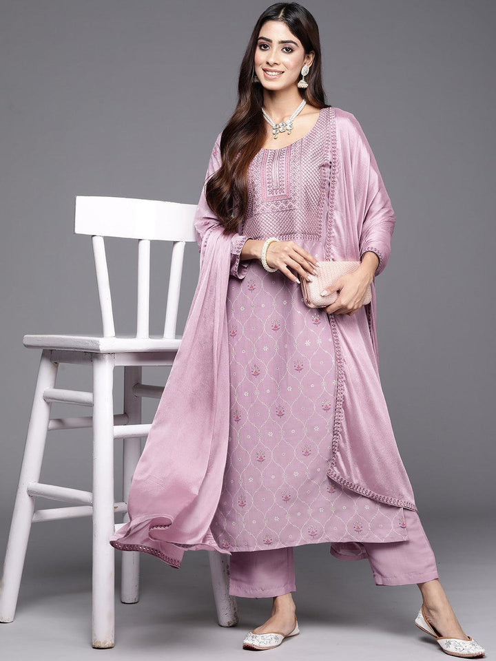 Mauve Printed Silk Blend Straight Suit With Dupatta