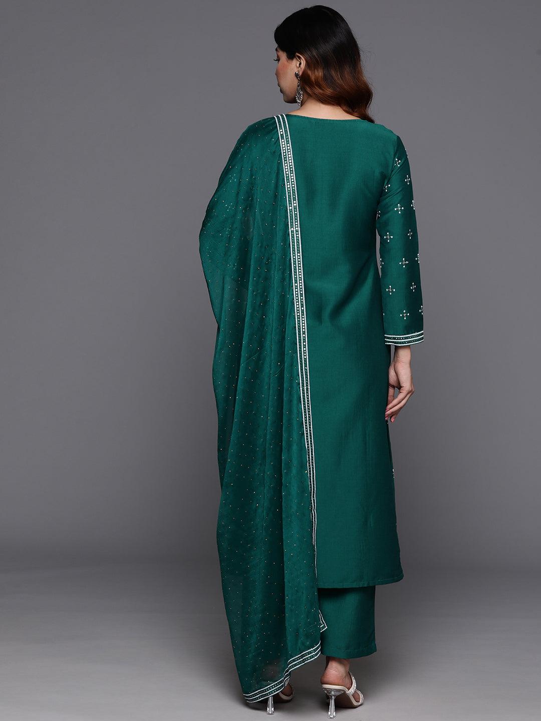 Green Embroidered Silk Blend Straight Kurta With Trousers & Dupatta - ShopLibas