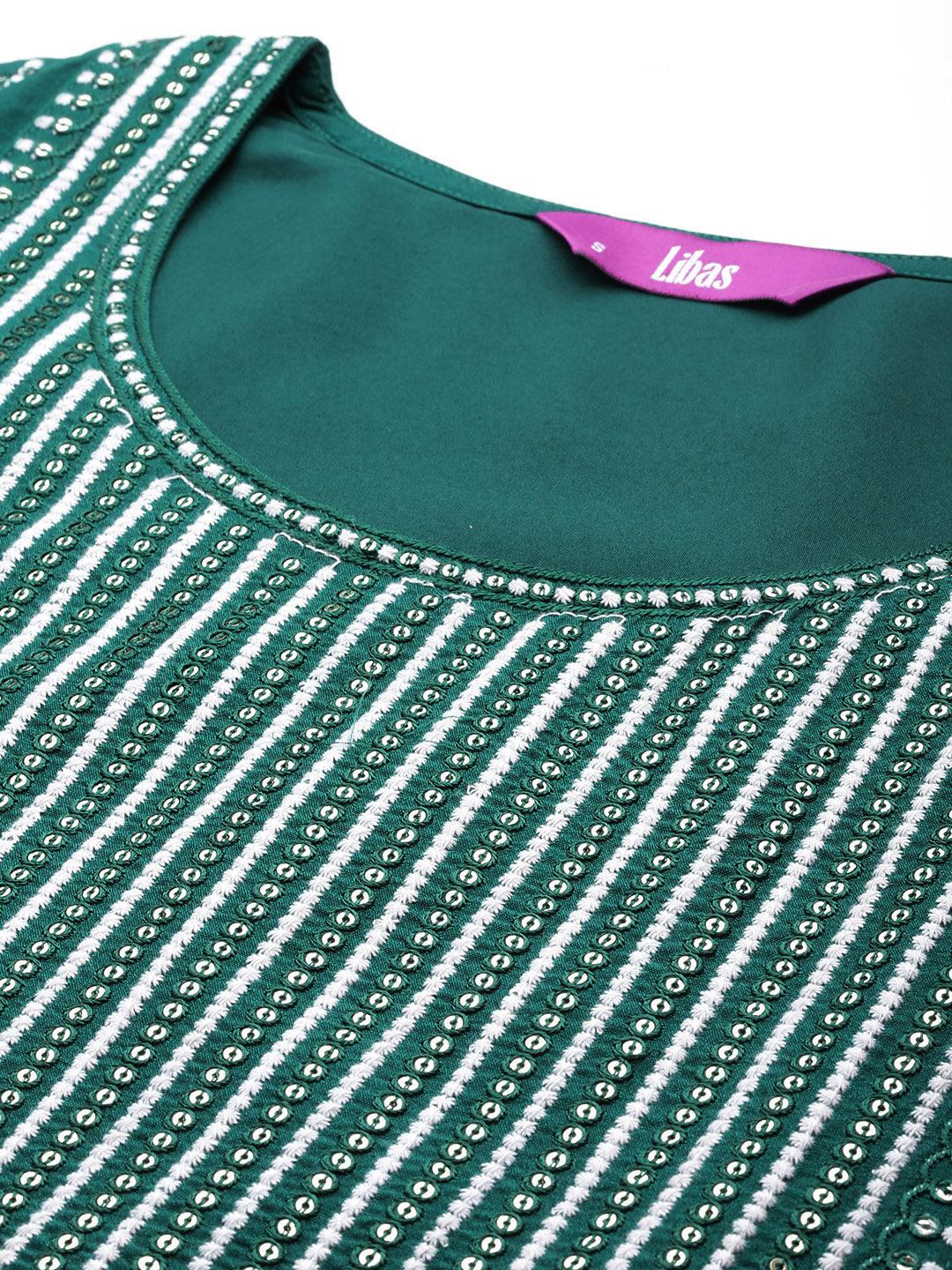 Green Embroidered Silk Blend Straight Kurta With Trousers & Dupatta - ShopLibas