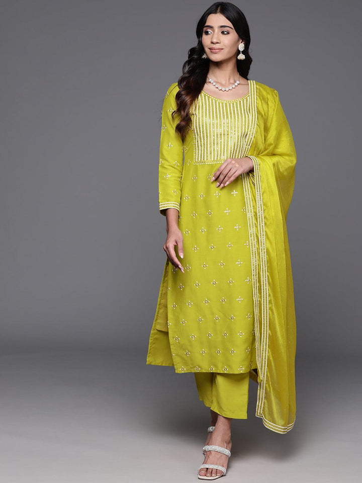Mustard Embroidered Silk Blend Straight Suit With Dupatta