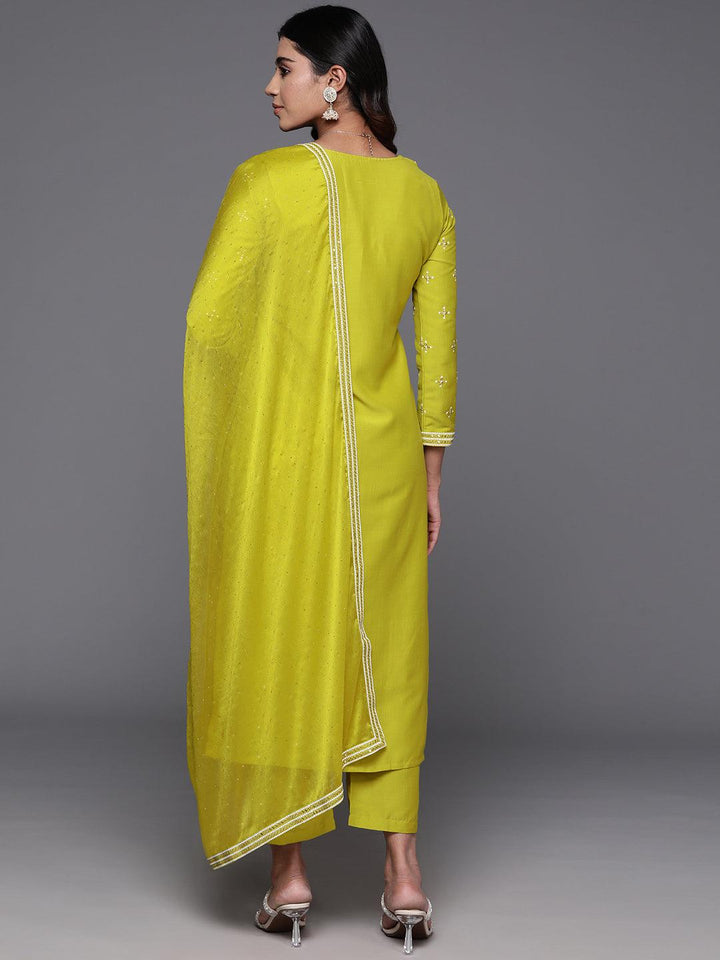 Mustard Embroidered Silk Blend Straight Suit With Dupatta