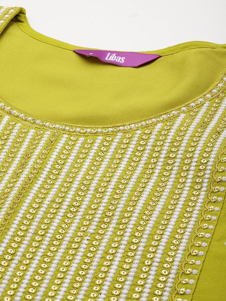 Mustard Embroidered Silk Blend Straight Suit With Dupatta