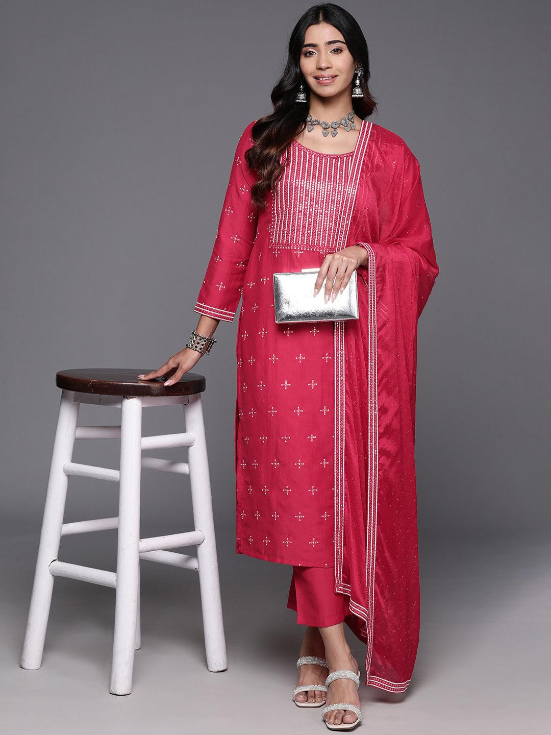 Buy Pink Embroidered Silk Blend Straight Suit With Dupatta Online