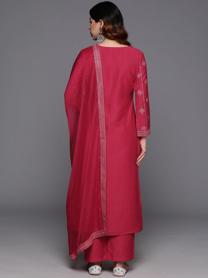 Pink Printed Silk Blend Straight Suit With Dupatta
