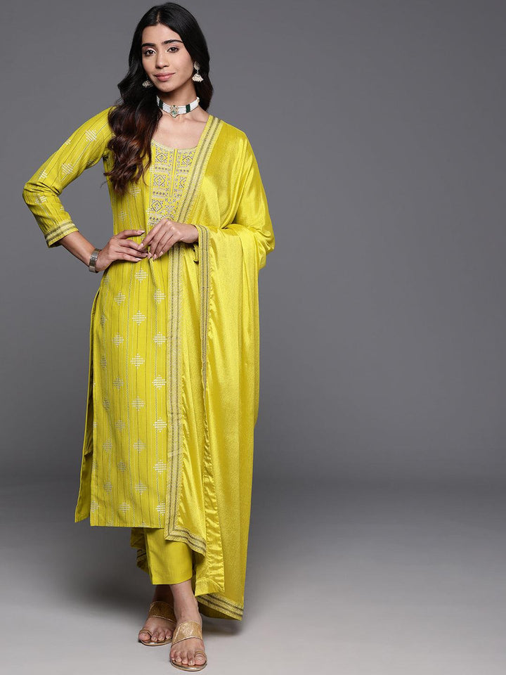 Mustard Printed Silk Blend Straight Suit With Dupatta