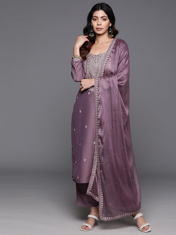 Mauve Yoke Design Silk Blend Straight Suit With Dupatta