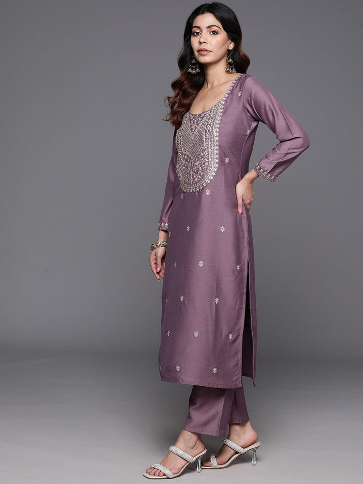 Mauve Yoke Design Silk Blend Straight Suit With Dupatta