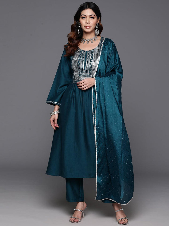 Teal Yoke Design Silk Blend A-Line Kurta With Trousers & Dupatta