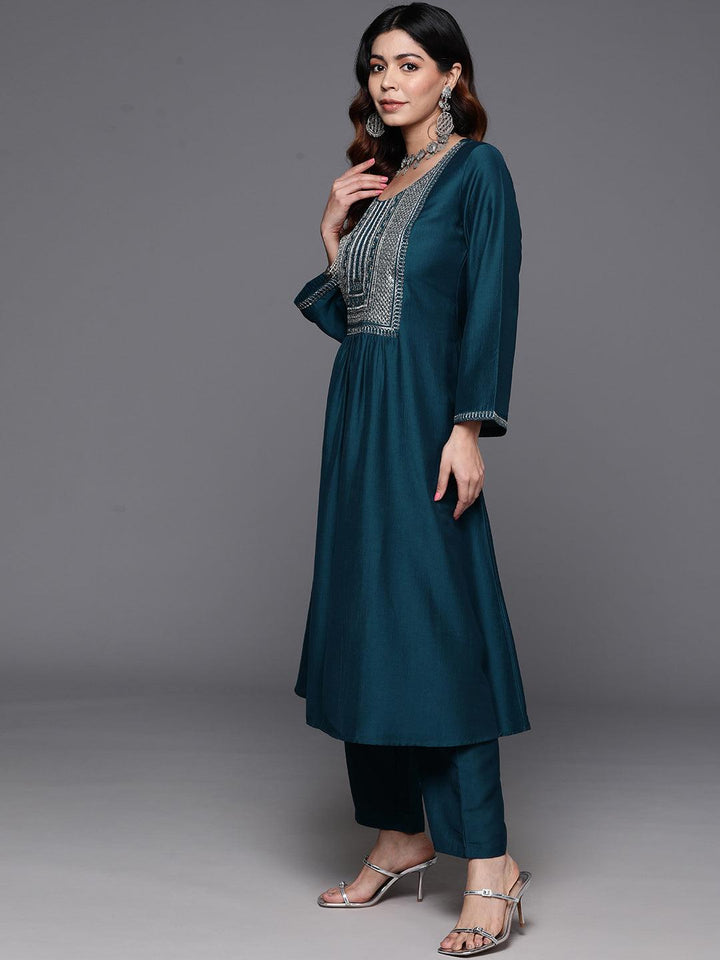 Teal Yoke Design Silk Blend A-Line Kurta With Trousers & Dupatta