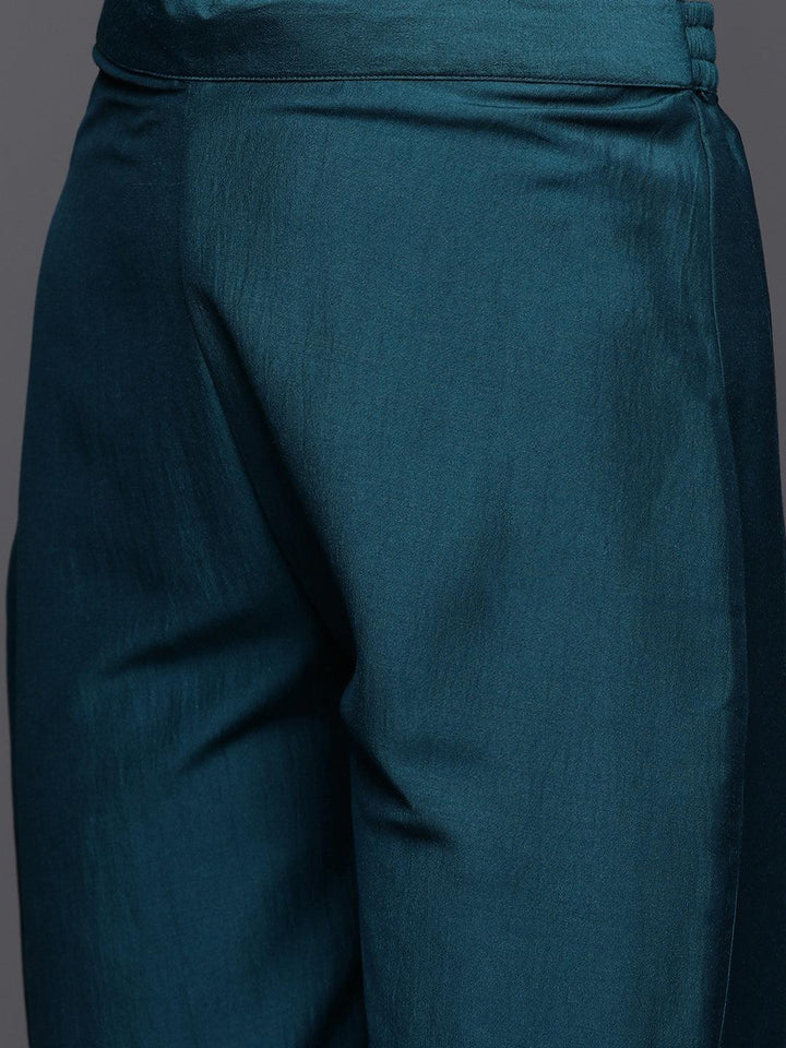 Teal Yoke Design Silk Blend A-Line Kurta With Trousers & Dupatta