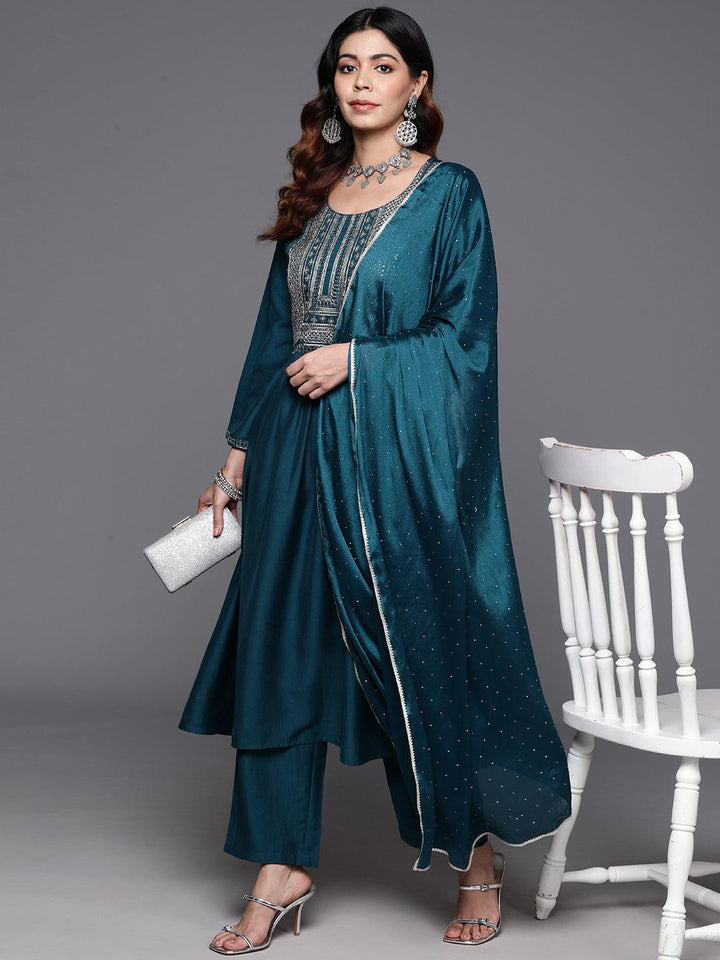 Teal Yoke Design Silk Blend A-Line Kurta With Trousers & Dupatta