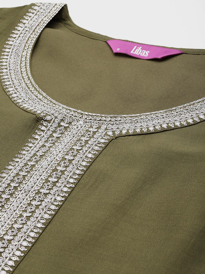 Olive Yoke Design Silk Blend Straight Suit With Dupatta