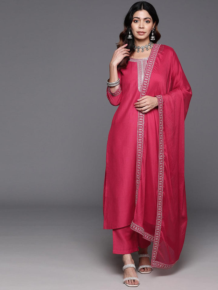 Pink Yoke Design Silk Blend Straight Suit With Dupatta