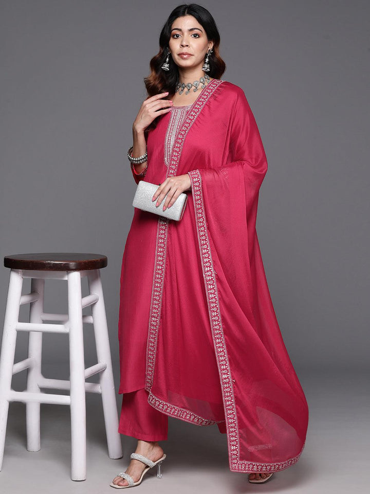 Pink Yoke Design Silk Blend Straight Suit With Dupatta